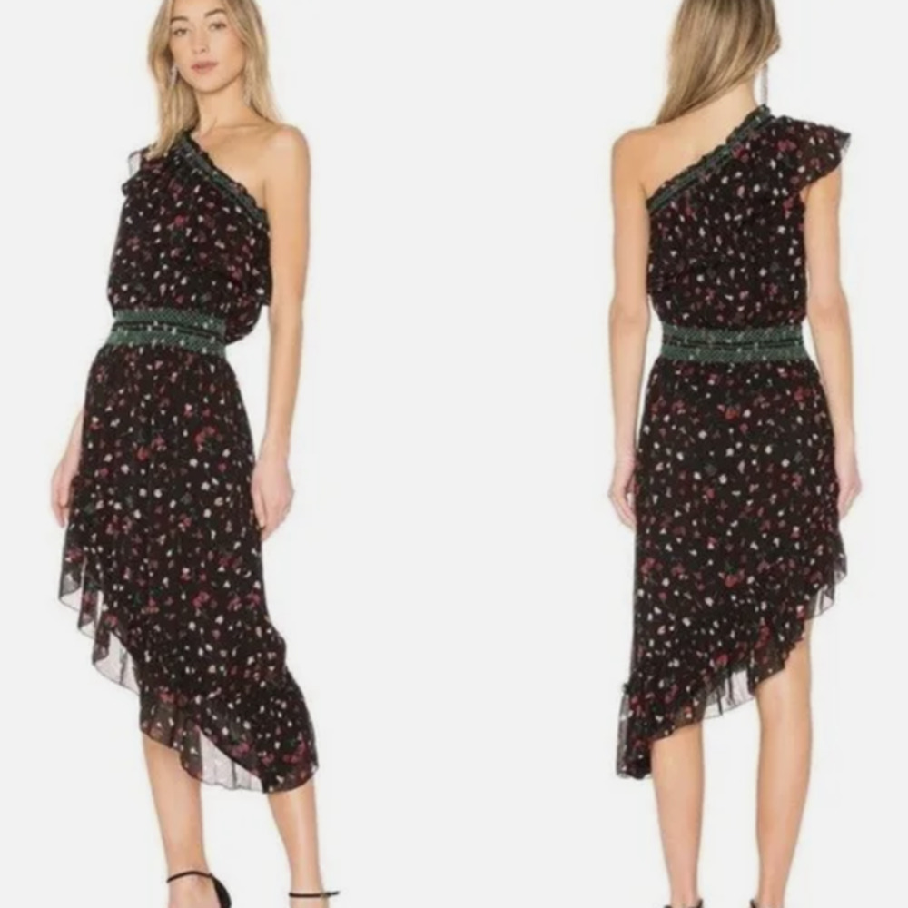 Joie Asymmetrical Dress in Black with Red Floral